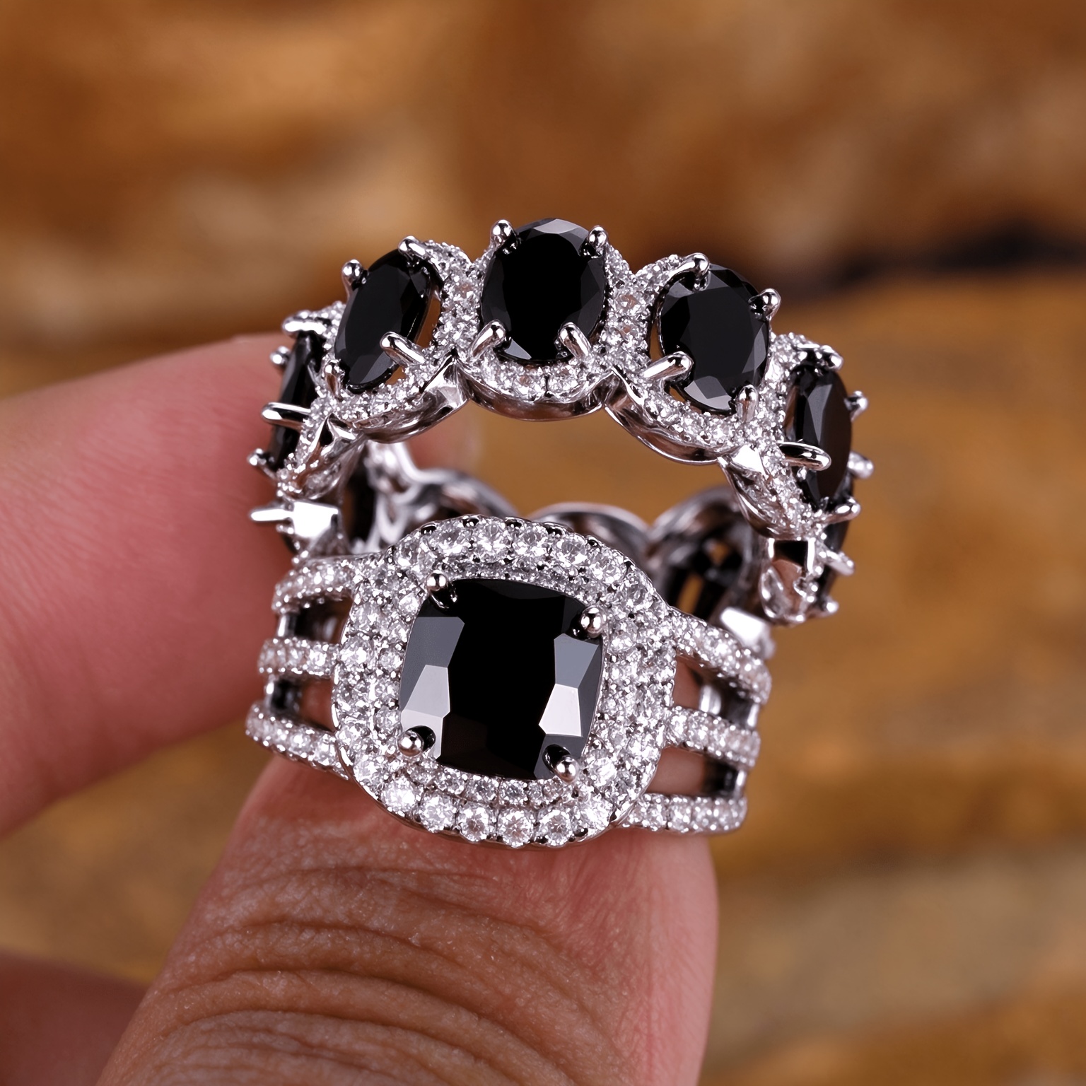 Teenager's Elegant Square Black Zircon Ring Set, Wedding Band